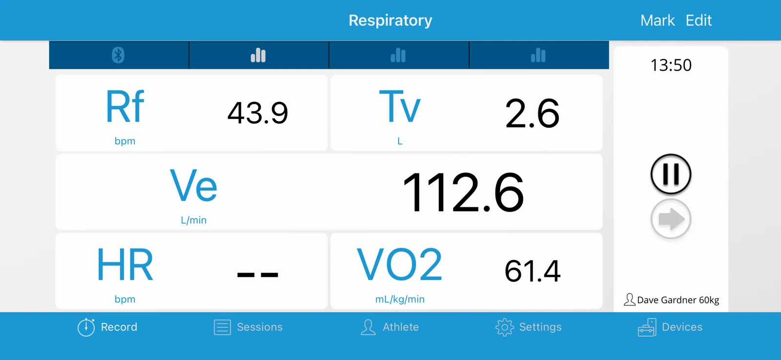 Respiratory testing screen showing breathing frequency, tidal volume, ventilation and VO2 readings