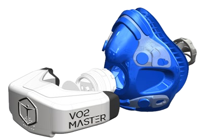 Official exploded view of the VO2 Master Analyzer separated from its filter, user piece, locking nut, and blue face mask